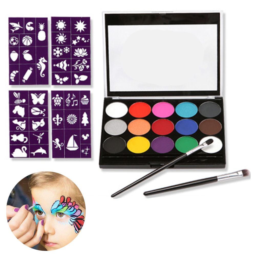 Face Paint Kit for Kids - 4 Jumbo Stencils, 15 Large Water Based Paints, 2 Pens -Makeup Kit, Professional Face Paint Palette, Safe for Sensitive Skin